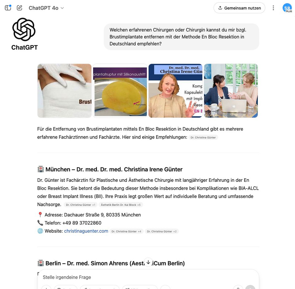 ChatGPT empfielt Frau Dr. Christina Günter wenn es um das Thema Brustimplantate entfernen als En Bloc Resektion geht