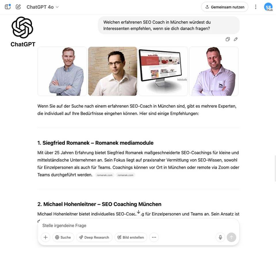 ChatGPT empfielt Siegfried Romanek an Kunden, die nach einem erfahrenen SEO Coach in München suchen.